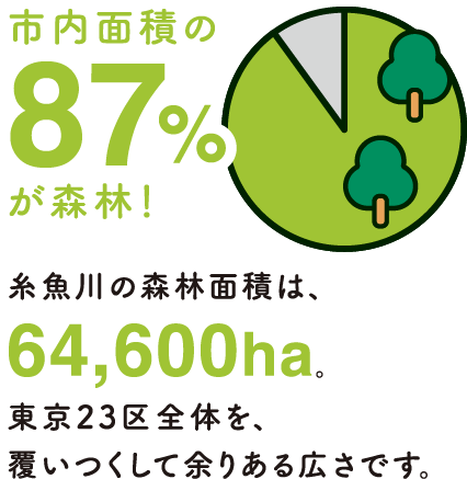 市内面積の87%が森林!糸魚川の森林面積は64,600ha。東京23区全体を、覆い尽くして余りある広さです。