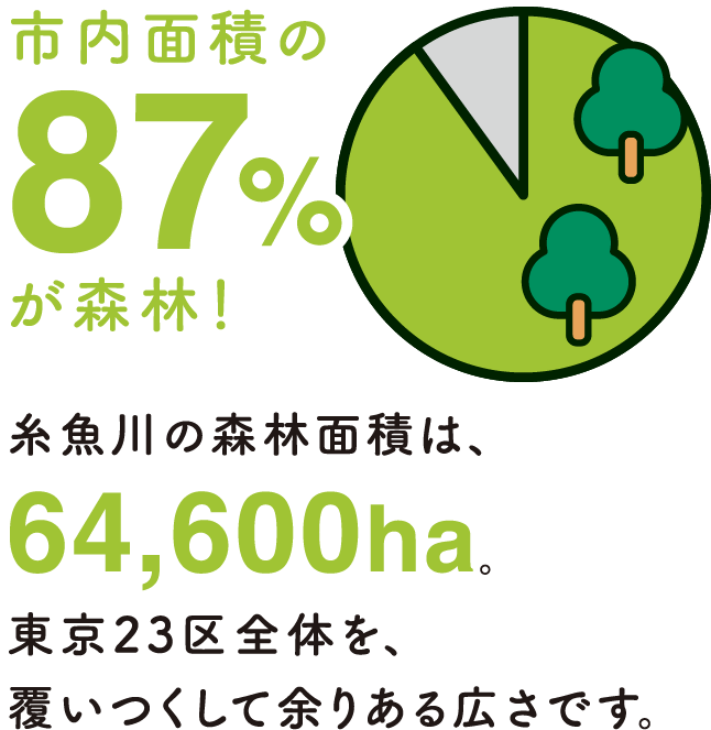 市内面積の87%が森林!糸魚川の森林面積は64,600ha。東京23区全体を、覆い尽くして余りある広さです。
